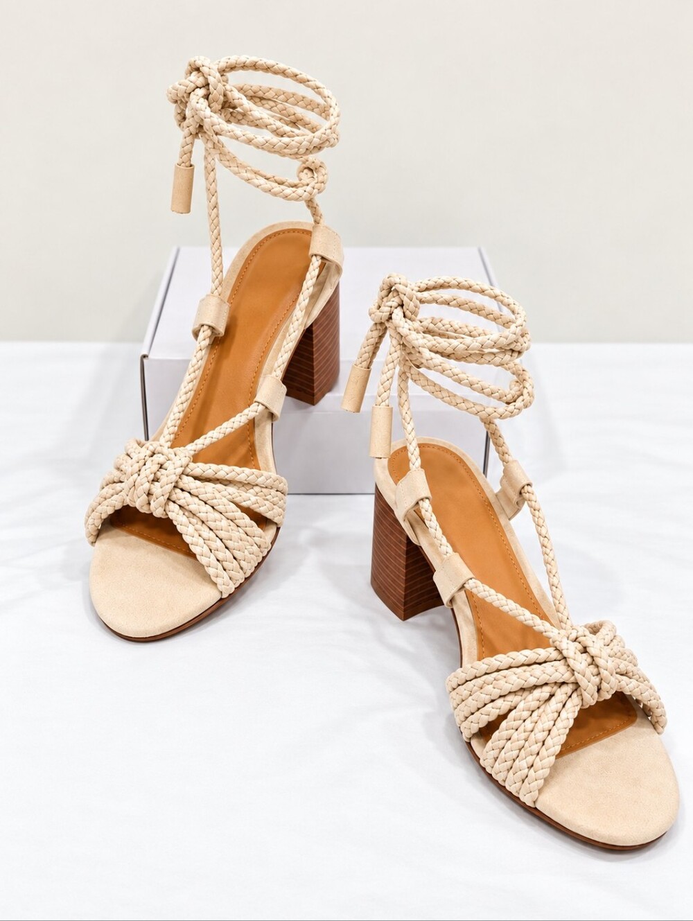 Journee Collection Railee Off White Braided Lace-Up Block Heel Sandal